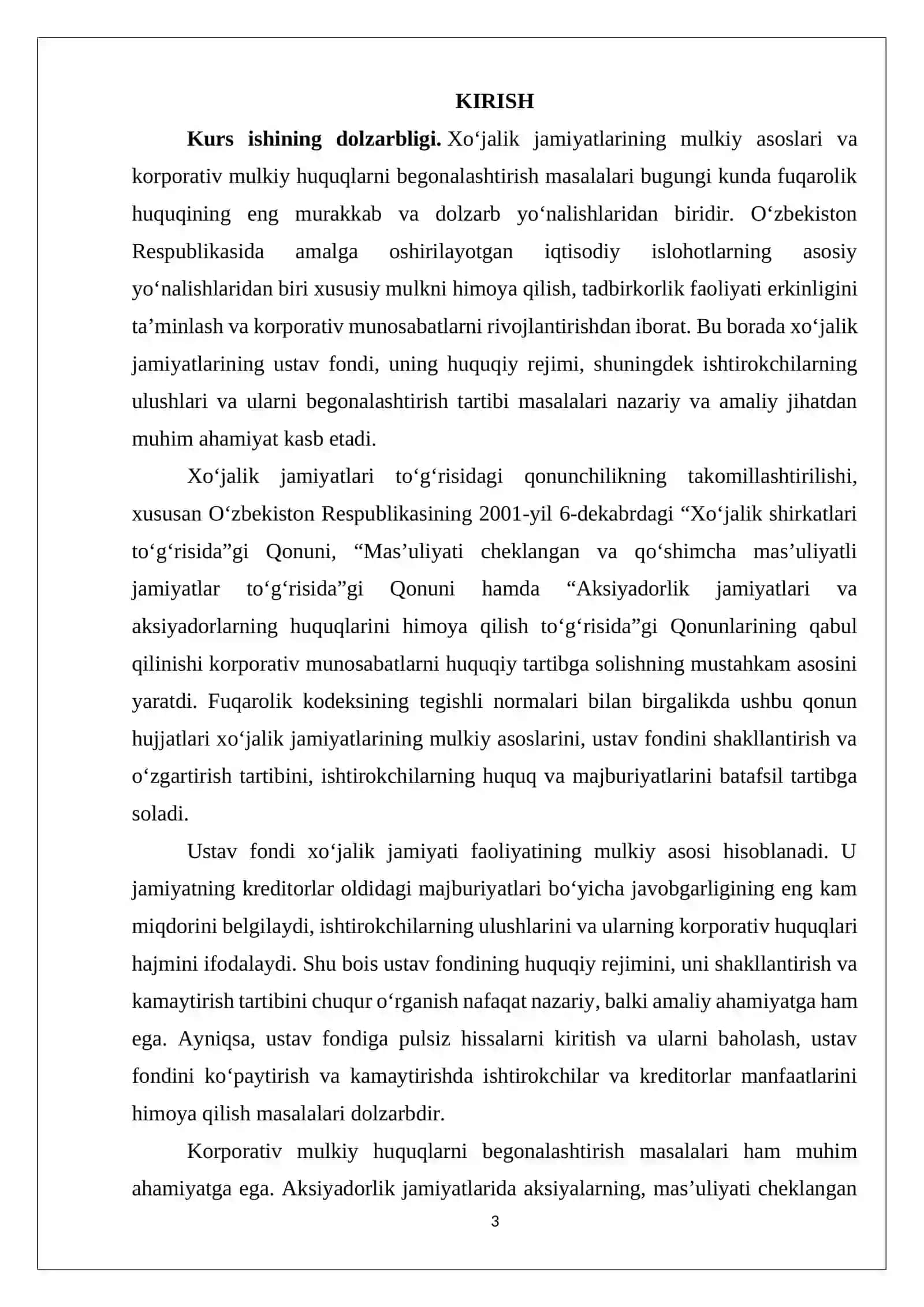 "Biznes / korporativ huquqi XO‘JALIK JAMIYATLARI FAOLIYATINING MULKIY ASOSLARI 3