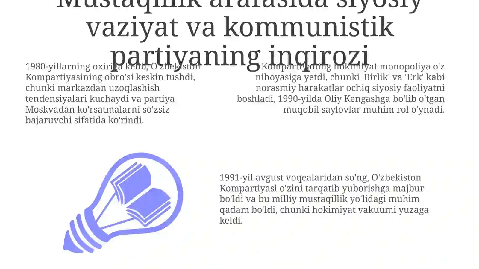 Mustaqillikka erishish arafasida Oʻzbekistondagi ijtimoiy - siyosiy jrayonlar 3