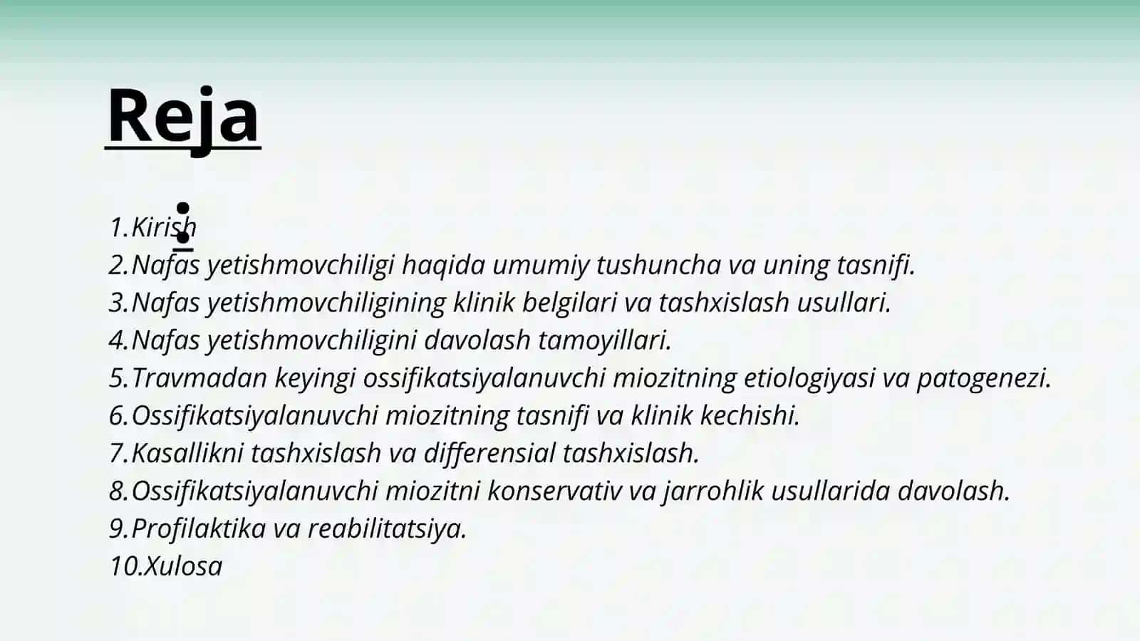 Nafas yetishmovchiligi. Travmadan keyingi ossifikatsiyalanuvchi miozit kinikasi, tashxis, davolash. 3