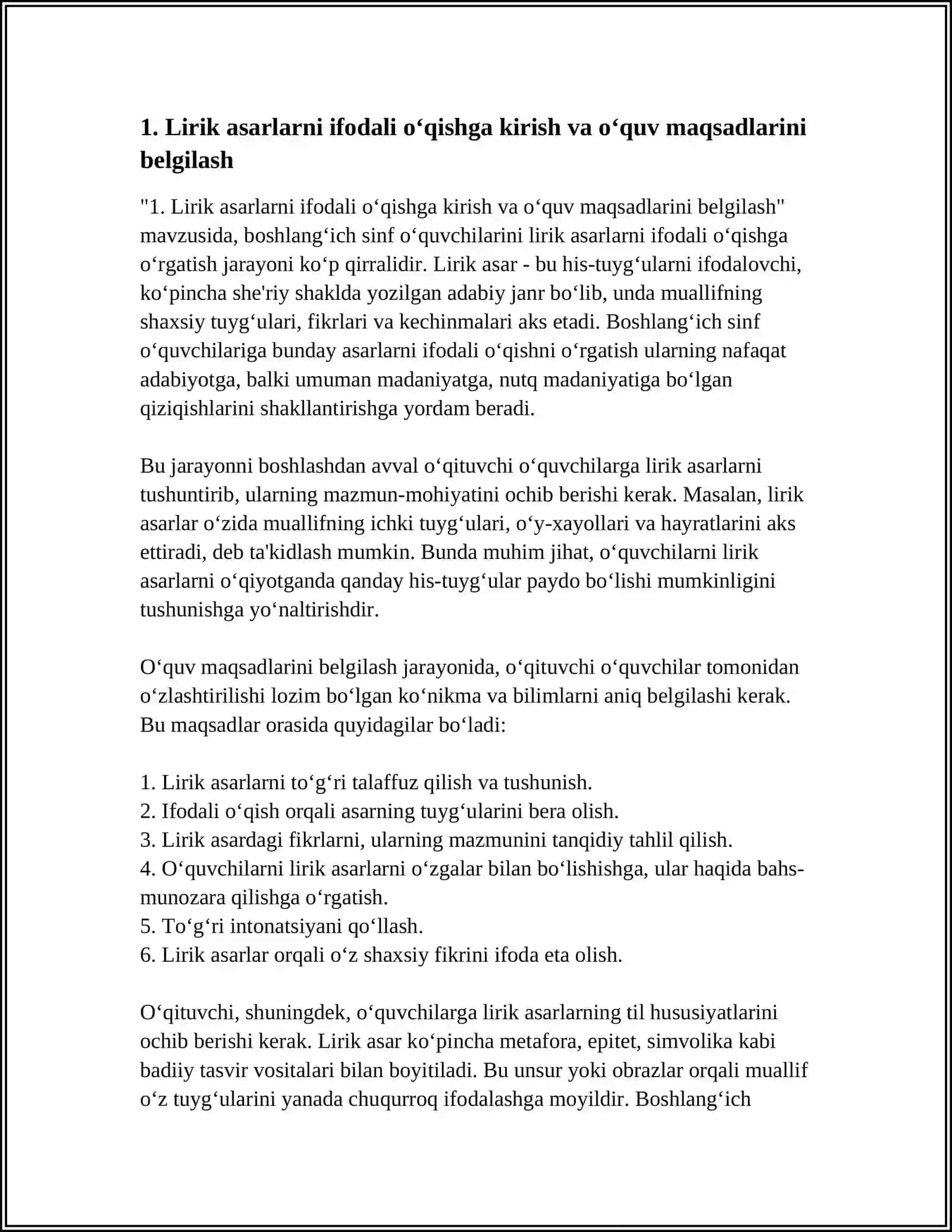 Lirik asarlarni ifodali oʻqishga kirish va oʻquv maqsadlarini belgilash 3