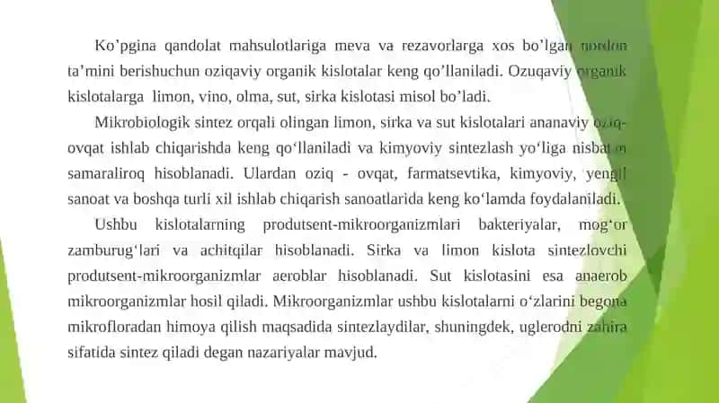 Isteʼmol organik kislotalari ishlab chiqarish biotexnologiyasi 3