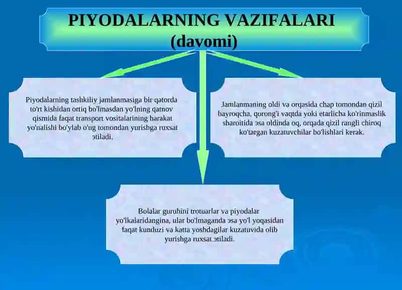 Piyodаlаr vа yo'lоvchilаrning vаzifаlаri.  Mахsus trаnspоrt vоsitаlаrining imtiyozlаri.  Svеtоfоrlаrning vа tаrtibgа sоluvchining ishоrаlаri 3