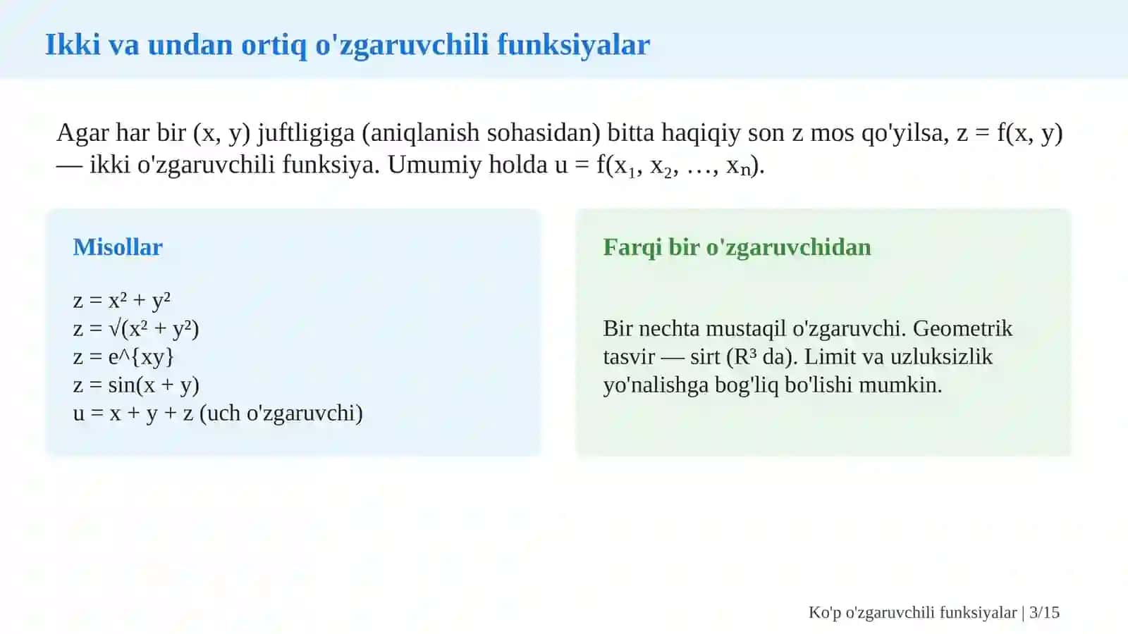 Ko'p o'zgaruvchili funksiyalar va xususiy hosilalar 3