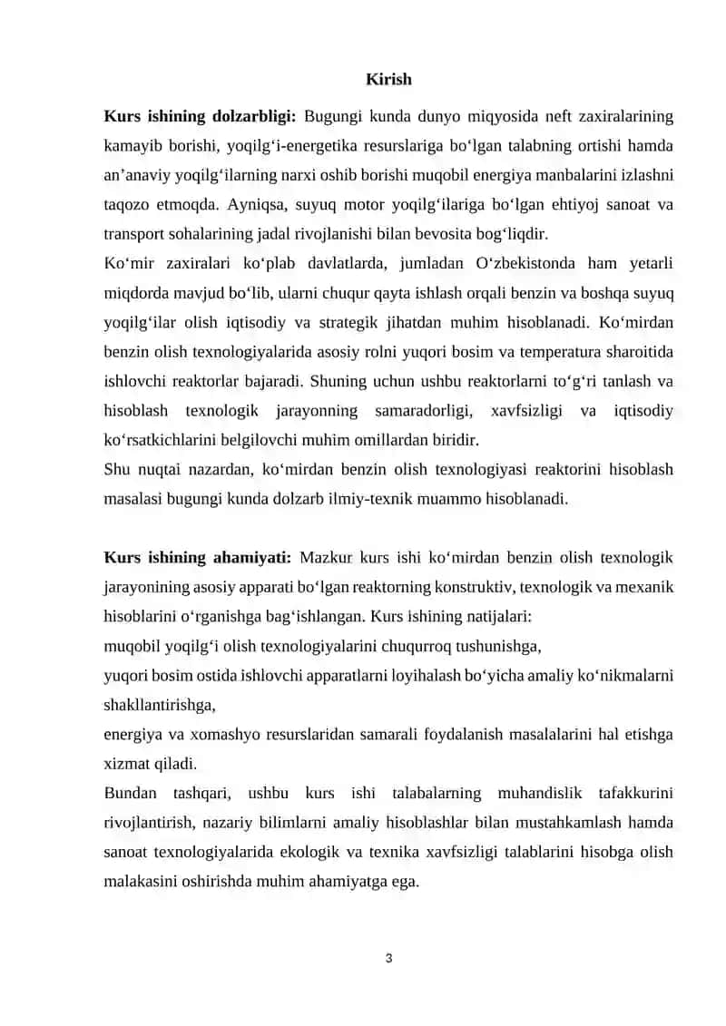 Ko’mirdan benzin olish texnologiyasi reaktorini hisoblash 3