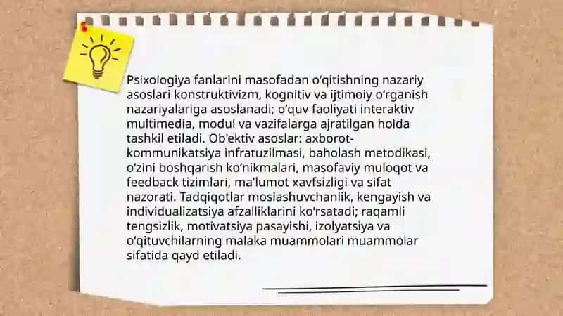Psixologiya fanlarini masofadan oʼqitish metodini qoʻllashning obʼektiv asoslari, afzalliklari va muammolari 3