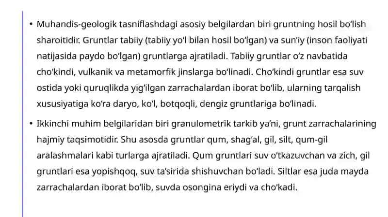 Gruntlarning muhandis-geologik tasniflashdagi asosiy belgilari va ular bo'yicha gruntlarning turlari. 3