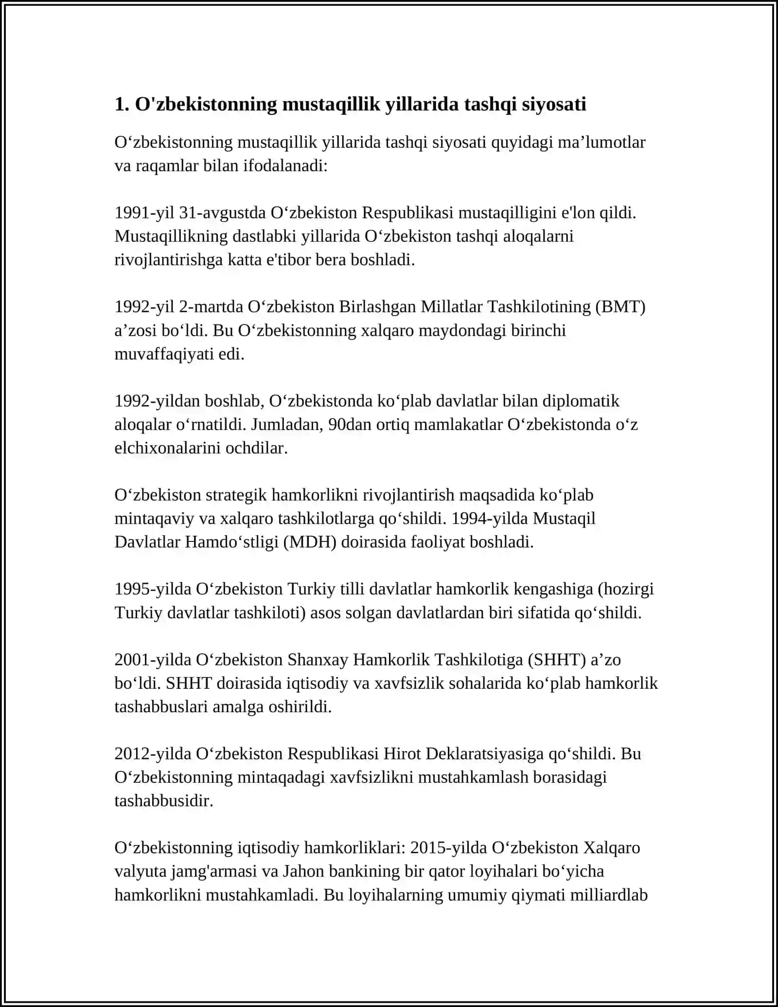 MUSTAQILLIK YILLARDA O'ZBEKISTONNING JAHONDA GIYOSIYOSIY VA GIYOIQTISODIY OʻRNI 3
