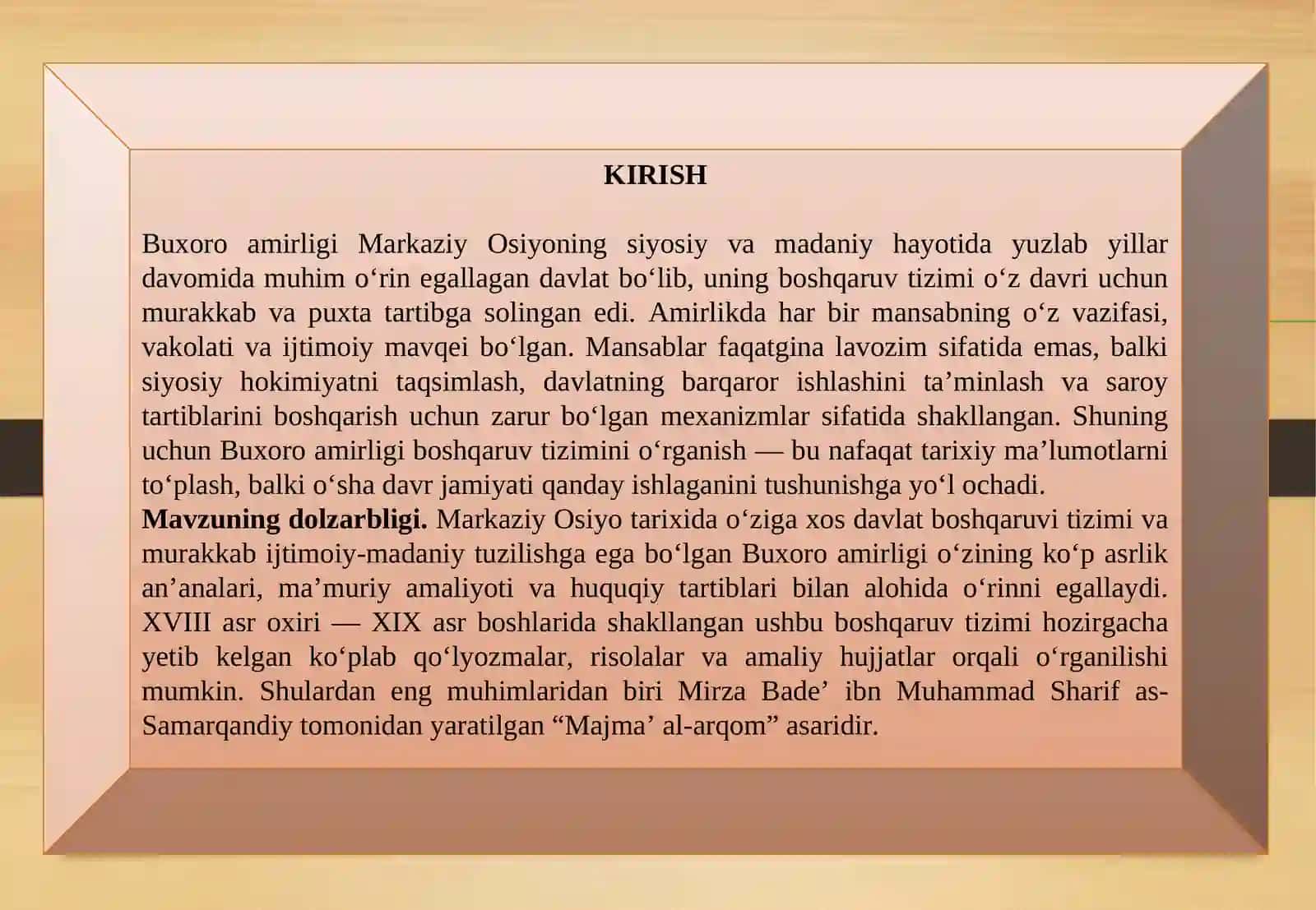 "MUNDARIJA KIRISH I" BOB. BUXORO AMIRLIGIDA DAVLAT BOSHQARUVI VA SIYOSIY TUZILMA 3