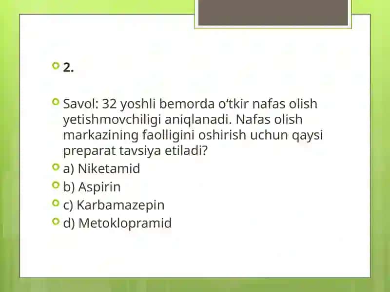 Nootrop vositalar. Analeptiklar. Dofamin va dofaminergik vositalar. Serotonin va serotoninergik vositalar bo’yicha VAZIYATLI MASALALAR 3