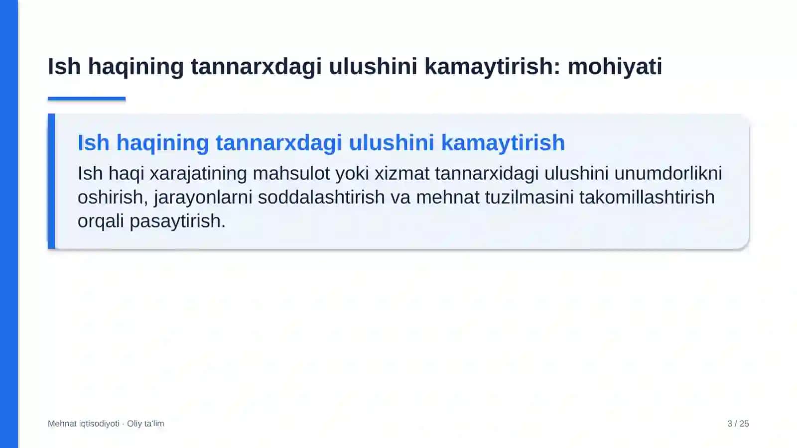Madaniyat va istirohat bog'larida ish haqi xarajatlarining mahsulot tannarxidagi ulushini kamaytirish 3