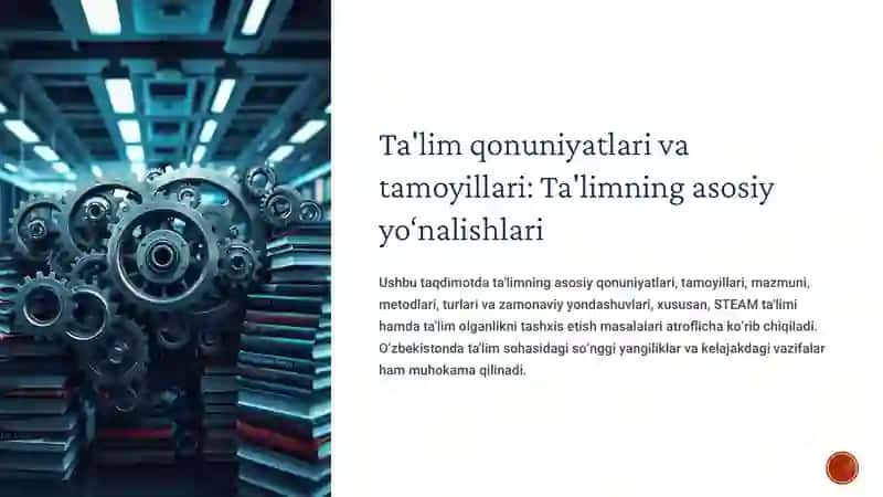 Ta'limning asosiy qonuniyatlari, tamoyillari, mazmuni, metodlari, turlari va zamonaviy yondashuvlari, xususan, STEAM ta'limi hamda ta'lim olganlikni tashxis etish masalalari atroflicha ko‘rib chiqiladi. O‘zbekistonda ta'lim sohasidagi so‘nggi yangiliklar va kelajakdagi vazifalar ham muhokama qilinadi. 3