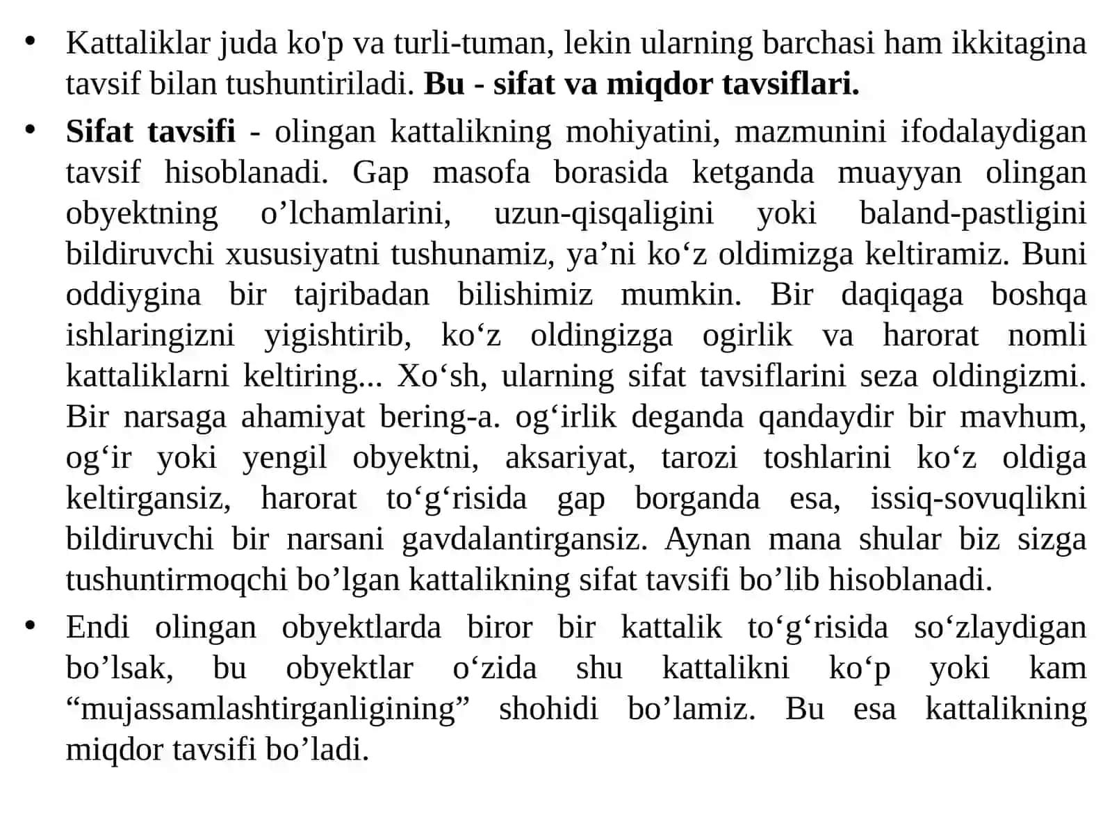 Oʼlchanadigan kattaliklarning miqdori va sifat tavsiyasi 3