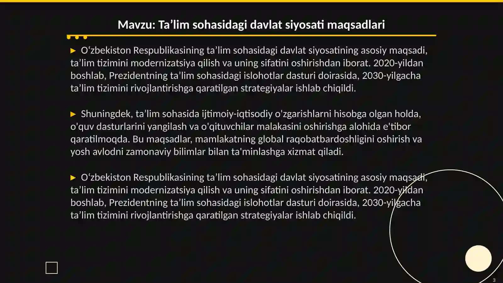Taʼlim sohasidagi amalga oshirilayotgan davlat siyosatining asosiy tamoyillari 3