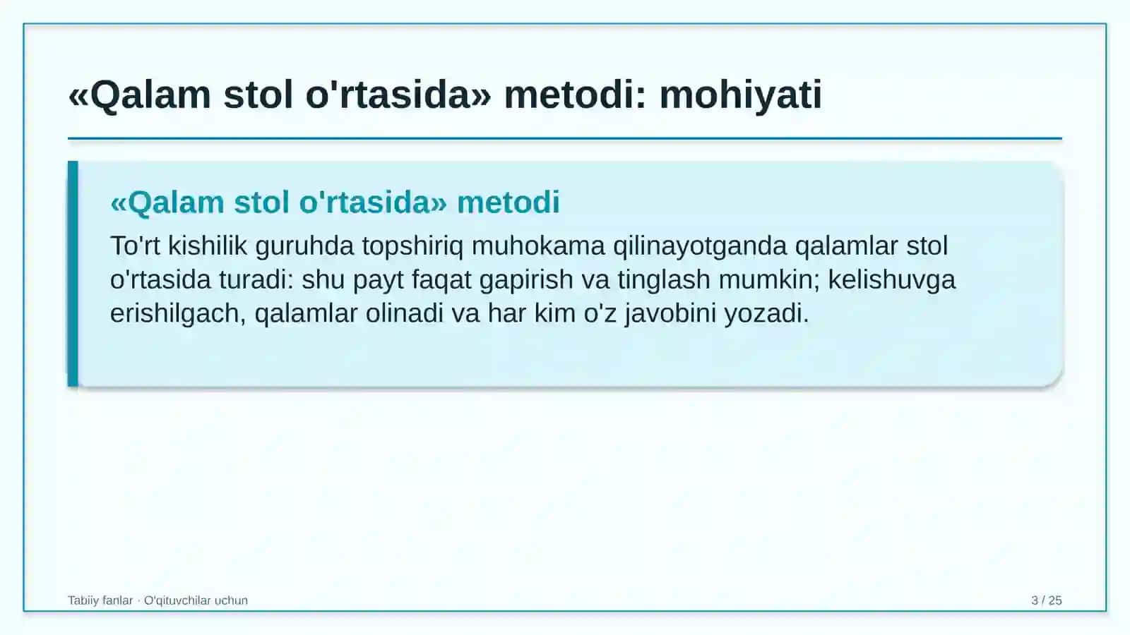 tabiiy fanlar darslarida qalam stol o'rtasida metodidan foydalanish 9319 3