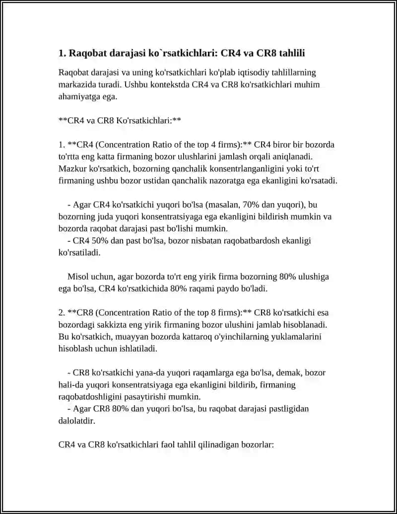 RAQOBAT DARAJASI KO`RSATKICHLARI VA ULARNI ANIQLOVCHI OMILLAR. MAHSULOT ISHLAB CHIQARISH VA SOTISH HAJMI DINAMIKASI TAHLILI 3