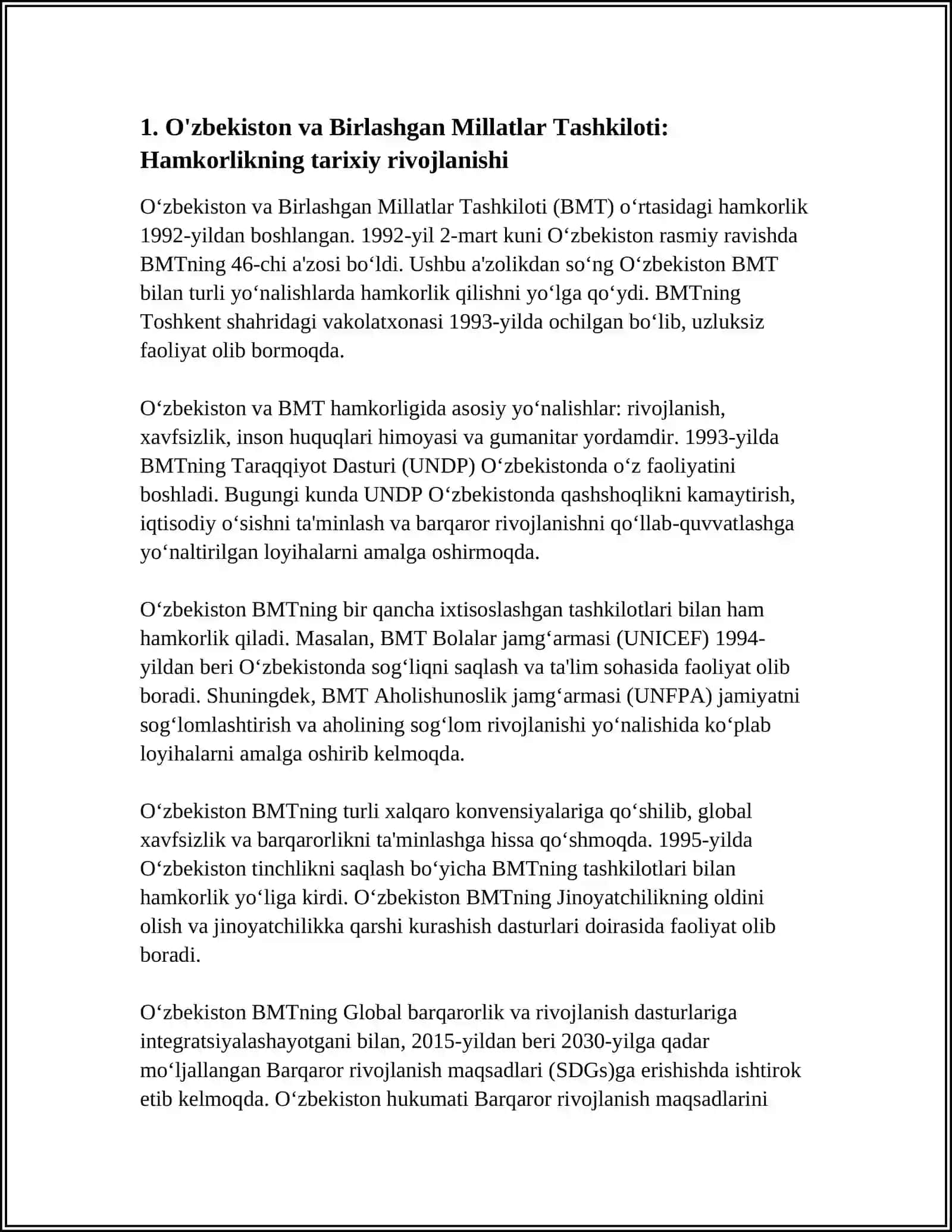 O‘zbekistonning Birlashgan Millatlar Tashkiloti bilan hamkorligi 3