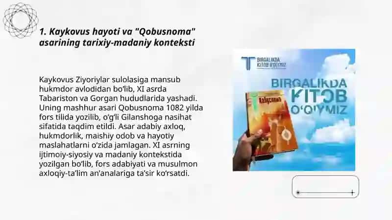 Kaykovus "Qobusnoma" asarini oʻqib,tahlil qilish. 3