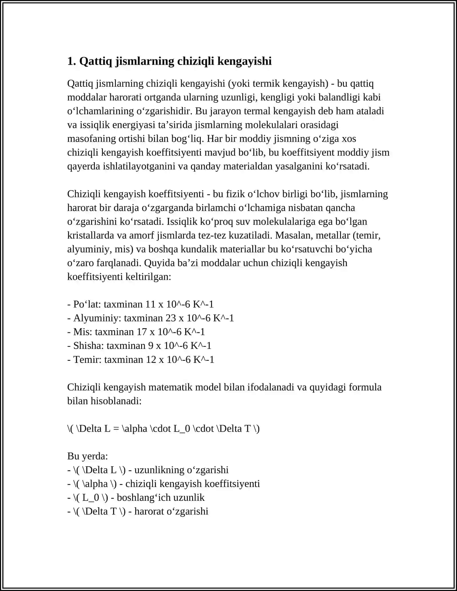 QATTIQ JISMLARNI CHIZIQLI KENGAYISHI KOEFFSIYENTINING TEMPERATURAGA BOGʻLIQLIGINI OʻLCHASH 3