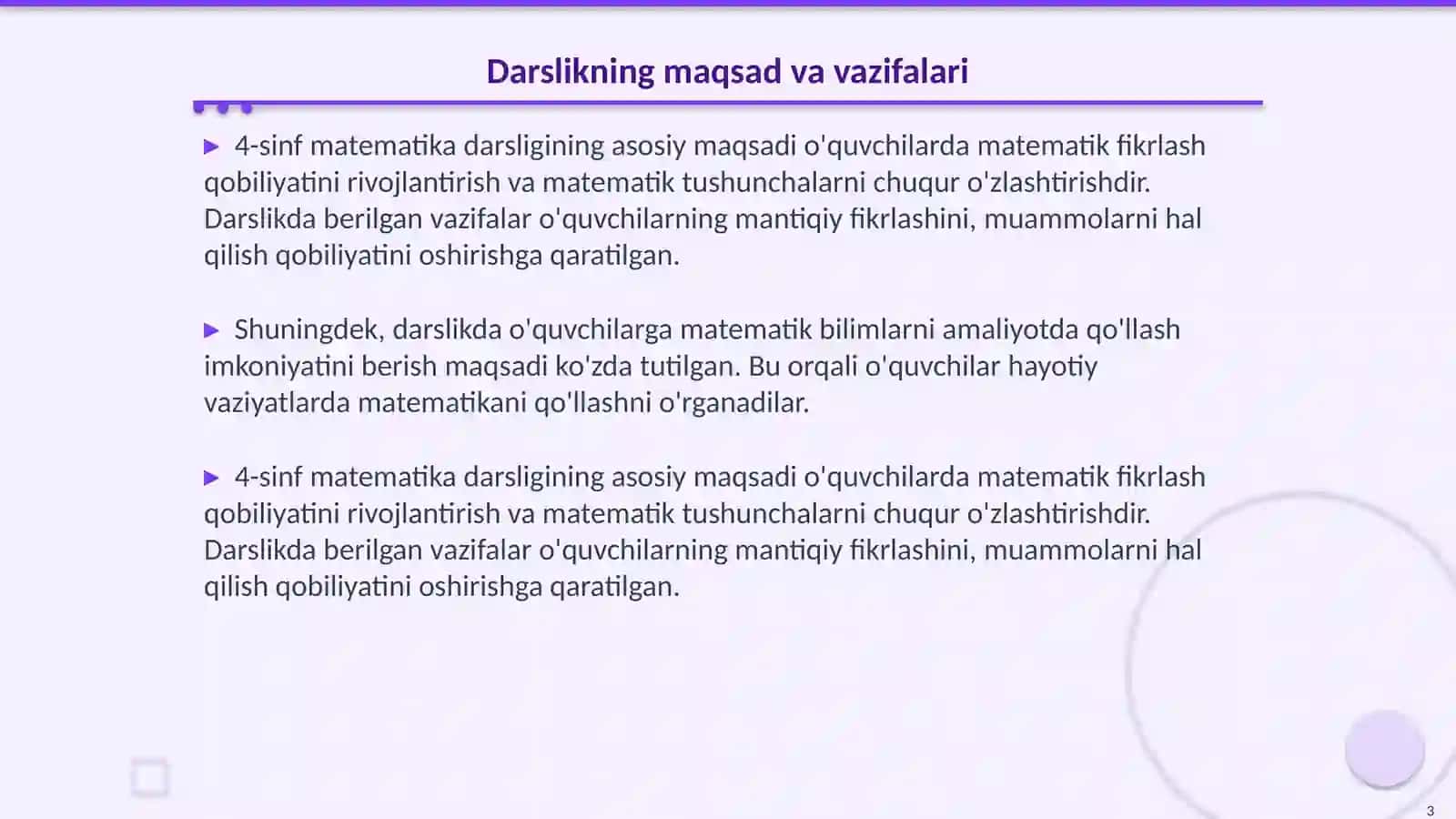 4-sinf matematika darsligi tahlili va choraklar boʻyicha joylashuvi 3