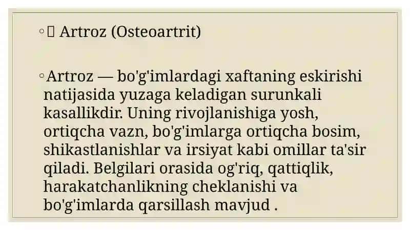 SUYAK O’SMALARI. ARTROZLAR VA ARTRITLAR. BO’G’IMLAR O’SMALARI. YUMSHOQ TO’QIMALAR O’SMALARI 3
