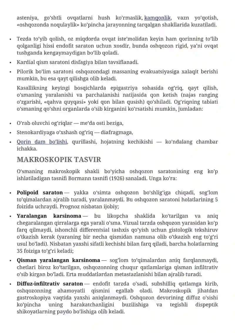 OSHQOZON SARATONI (me’da raki) — SABABLARI, ALOMATLARI, TASNIFI, TASHXISLASH, DAVOLASH 3
