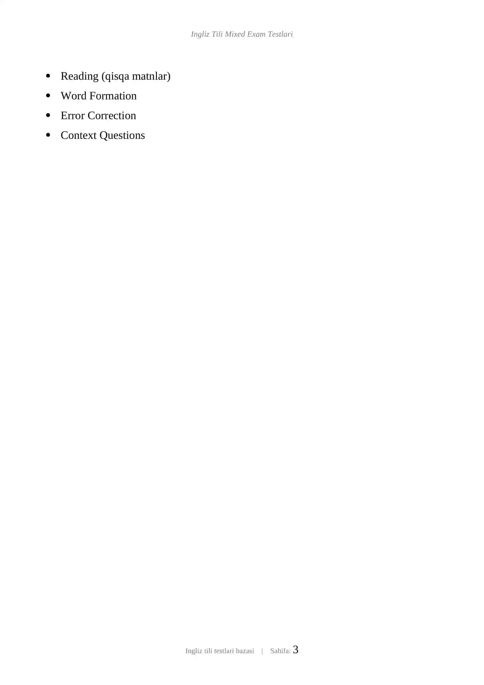 INGLIZ TILI MIXED EXAM TESTLARI 3