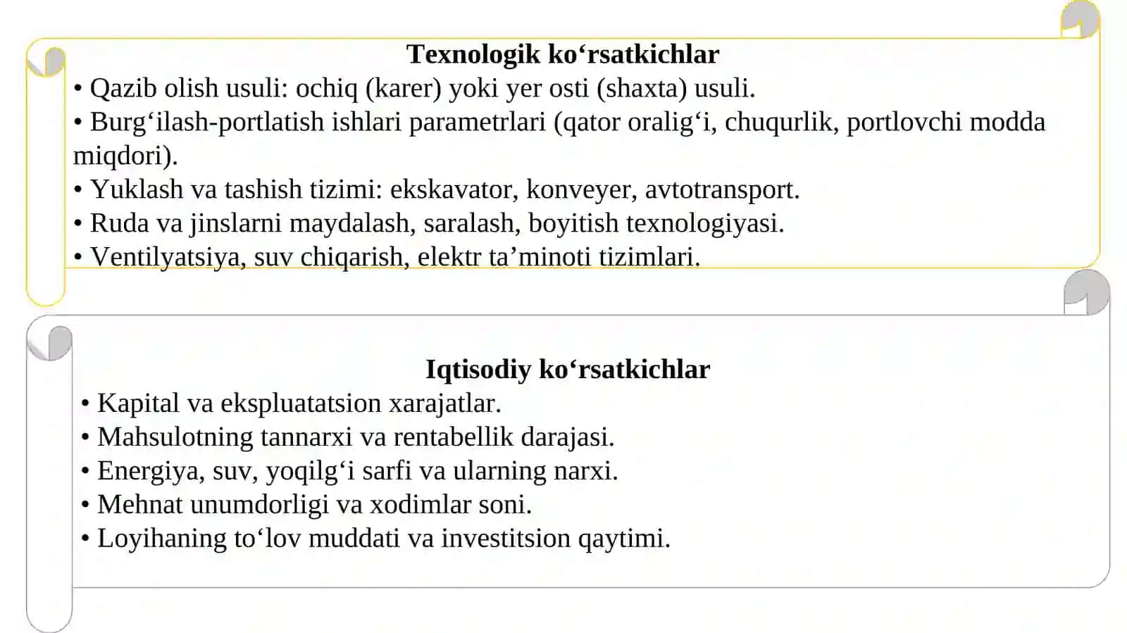 Kon korxonalarini loyihalashda asosiy ko‘rsatkichlar va parametrlari 3