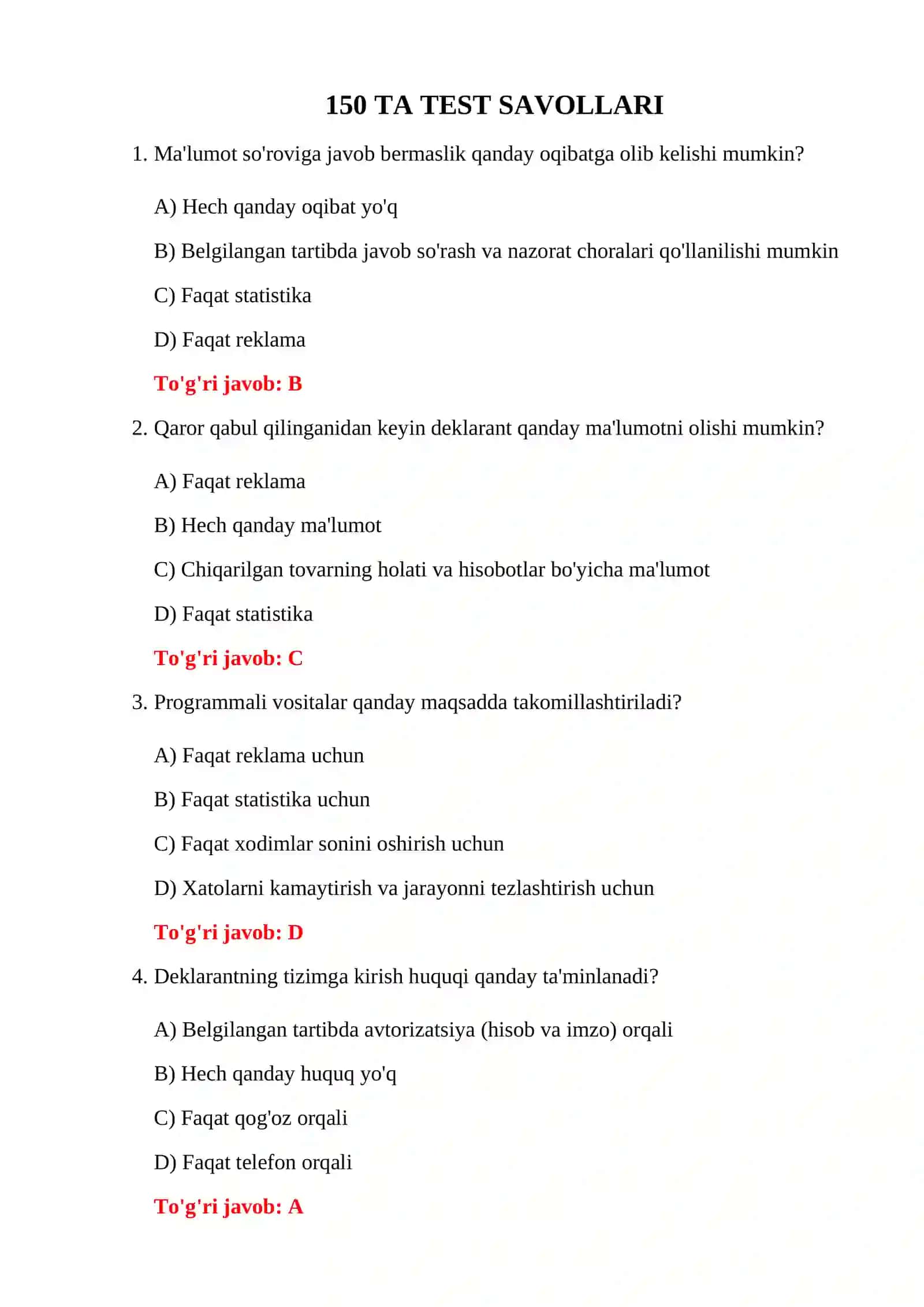 BOJXONA RASMIYLASHTIRUVI IMTIHON TESTLARI 3