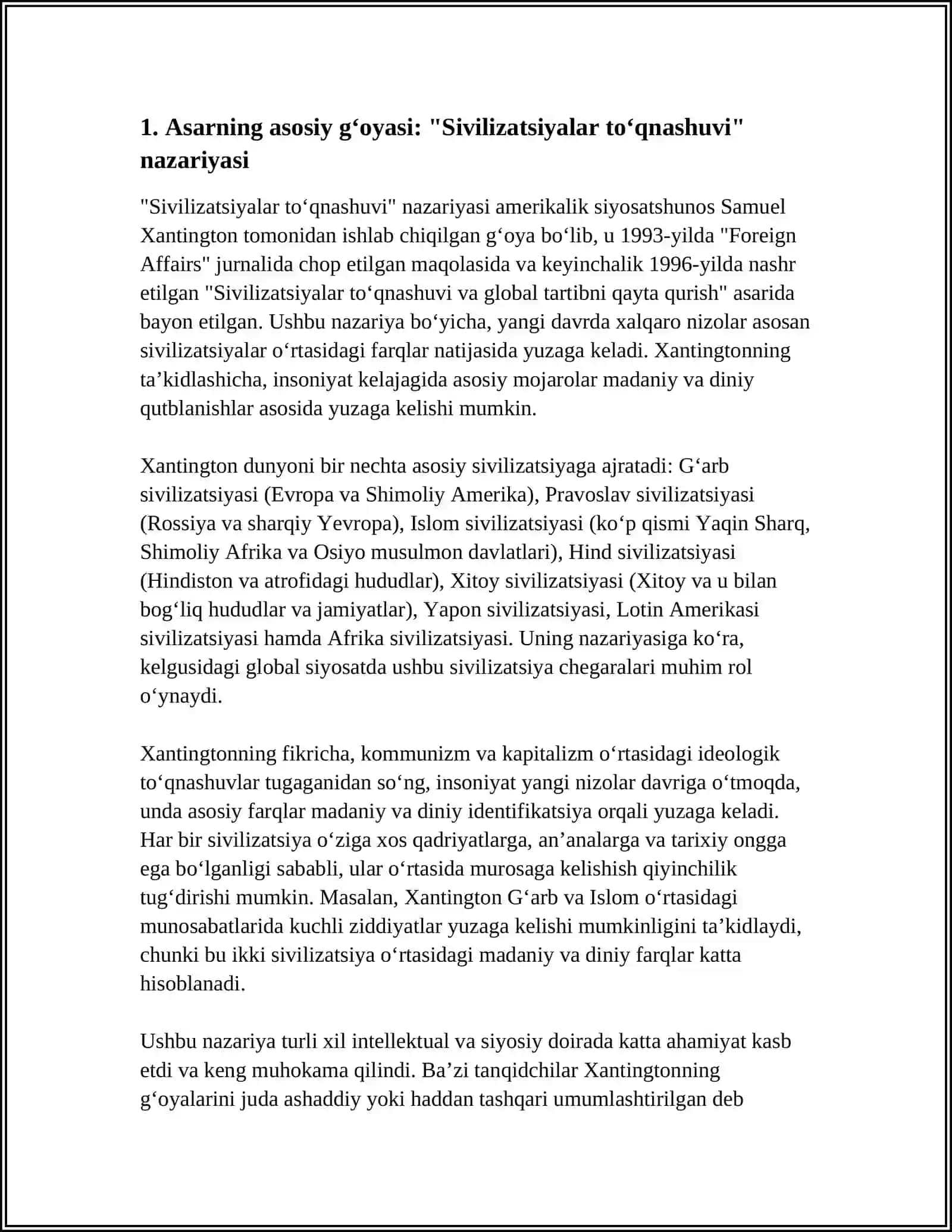 S. XANTINGTONNING "SVILIZATSIYALAR TÖQNASHUVI " ASARI 3