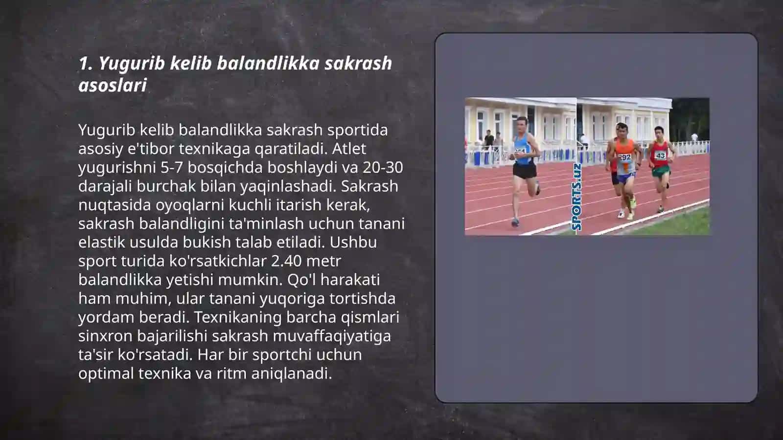 Yugurib kelib balandlikka sakrash texnikasi 3