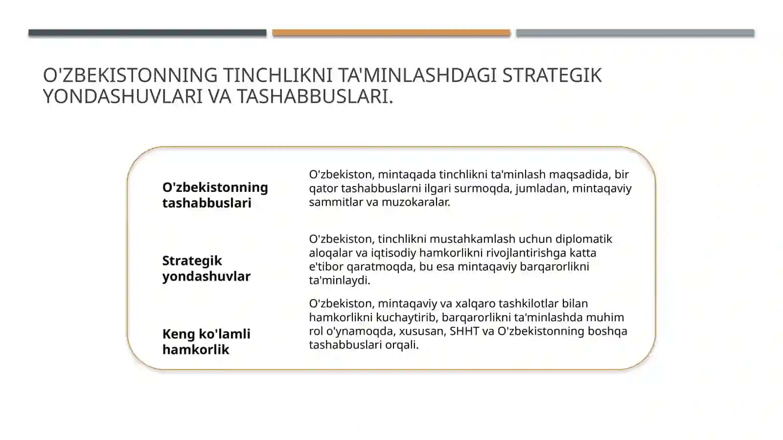 O'zbekistonning Markaziy Osiyoda tinchlik va barqarorlikni ta'minlashdagi o'rni 3