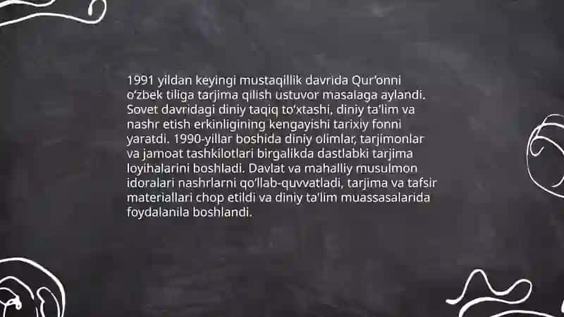 Mustaqillik yillarida Qur’onning o’zbek tiliga tarjima qilinishi va tafsizlari haqida taqdimot tayyorlash 3
