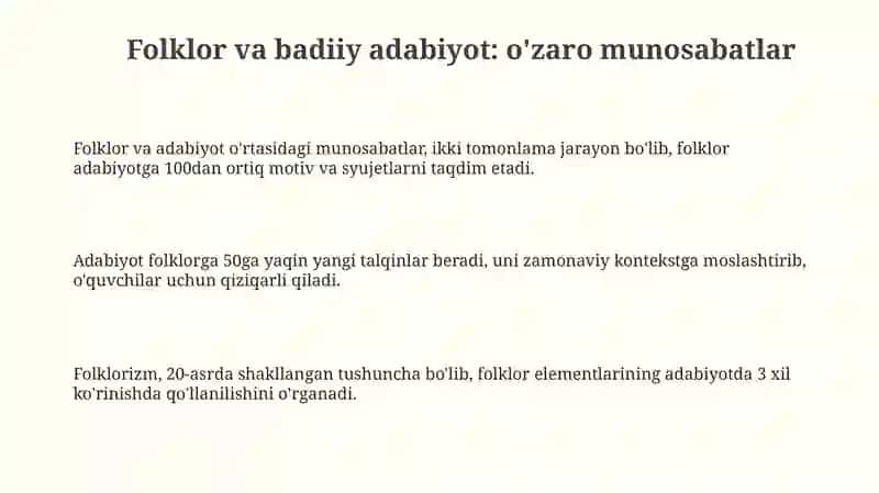 Folklor va badiiy adabiyot munosabatlari.Folklorizm tushunchasi 3