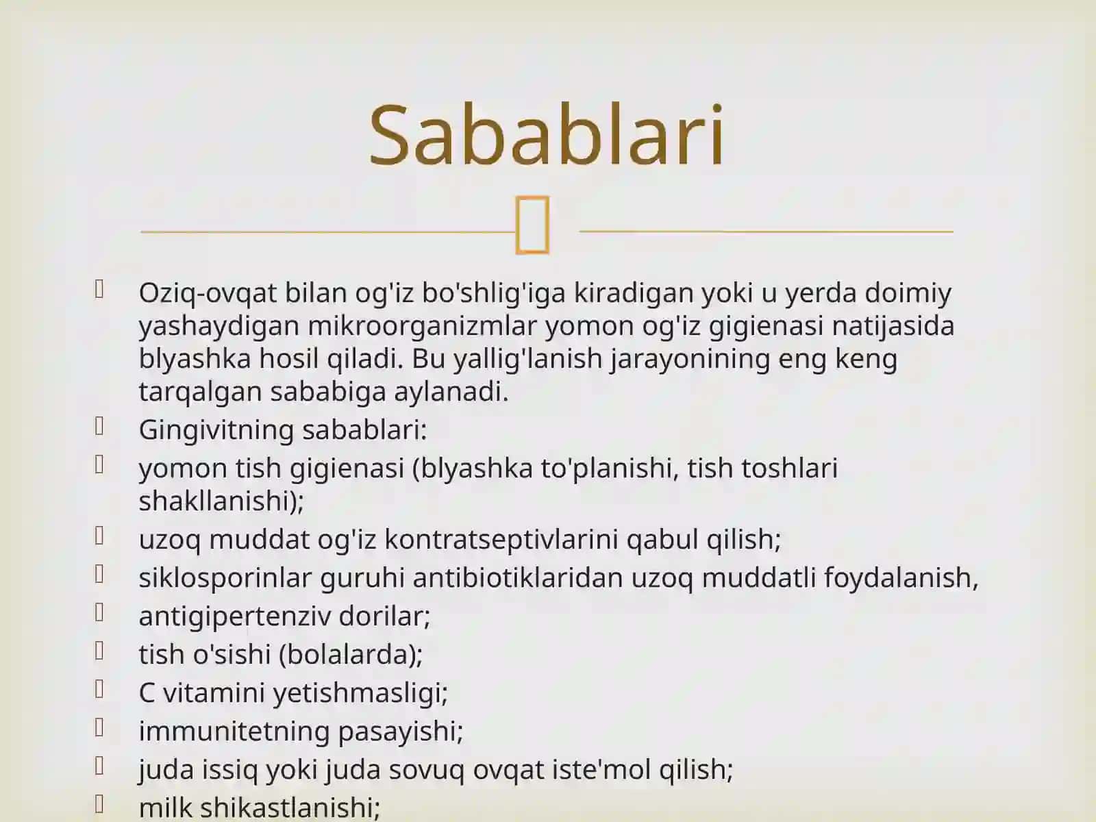 Gingivitlar. Kataral gingivit. Klinikasi,diagnostikasi, qiyosiy tashxisi, davolash, profilaktika. Kasallik tarixini yozish. 3
