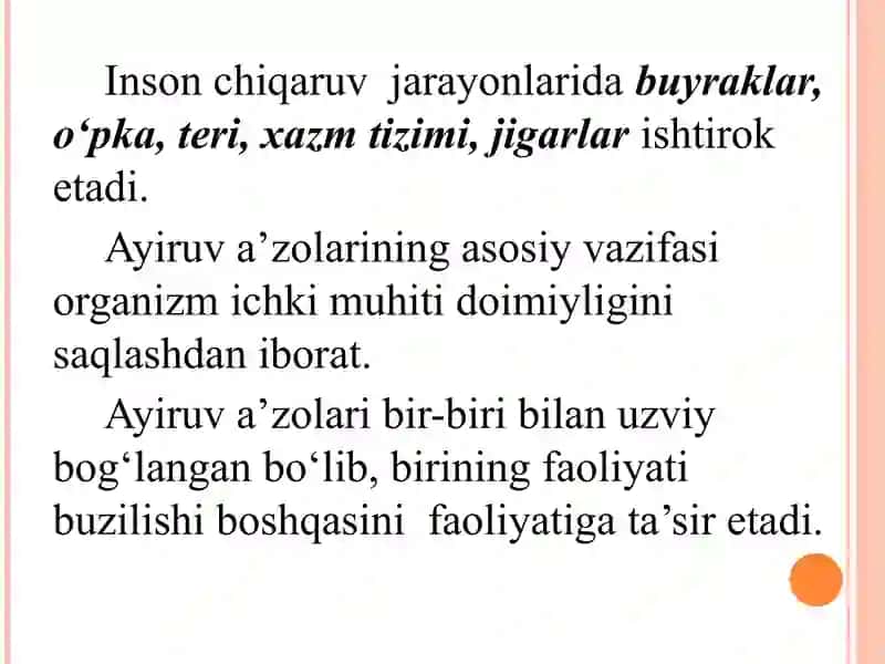 Organizimning ayiruv funksiyalari fiziologiyasi. 3