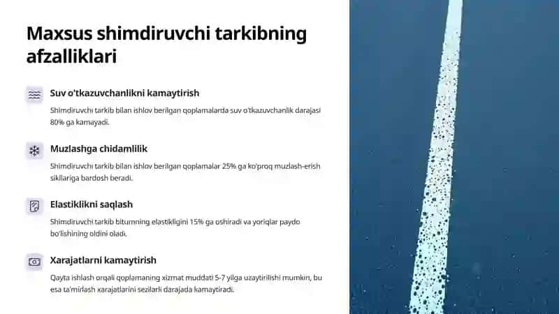 Asfaltbeton qoplamasining xizmat muddatini oshirish uchun maxsus shimdiruvchi tarkib bilan qayta ishlash bo'yicha tavsiyalar 3