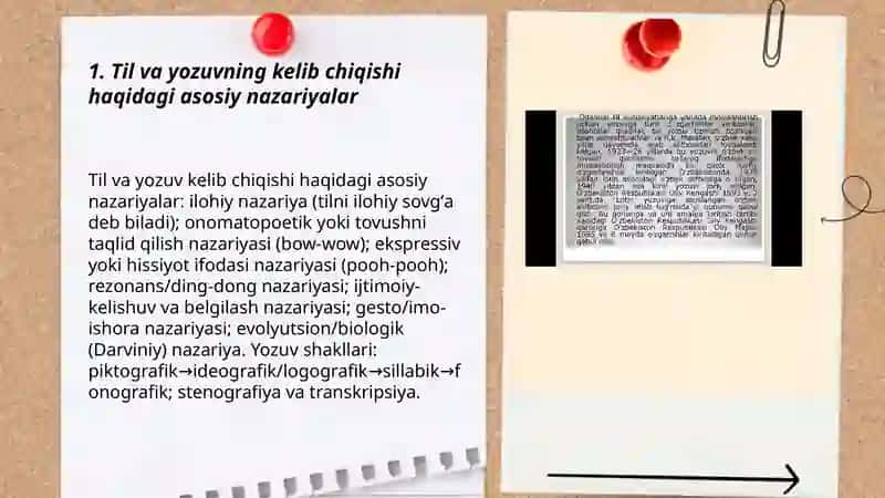 Til va yozuv,ularning paydo boʻlishi haqidagi farazlar va ularning (piktografik,piktogramma,ideografik-logografik,iyeroglifik,fonografik,sillabik yozuv,stenografiya,transkripsiya)shakllari 3
