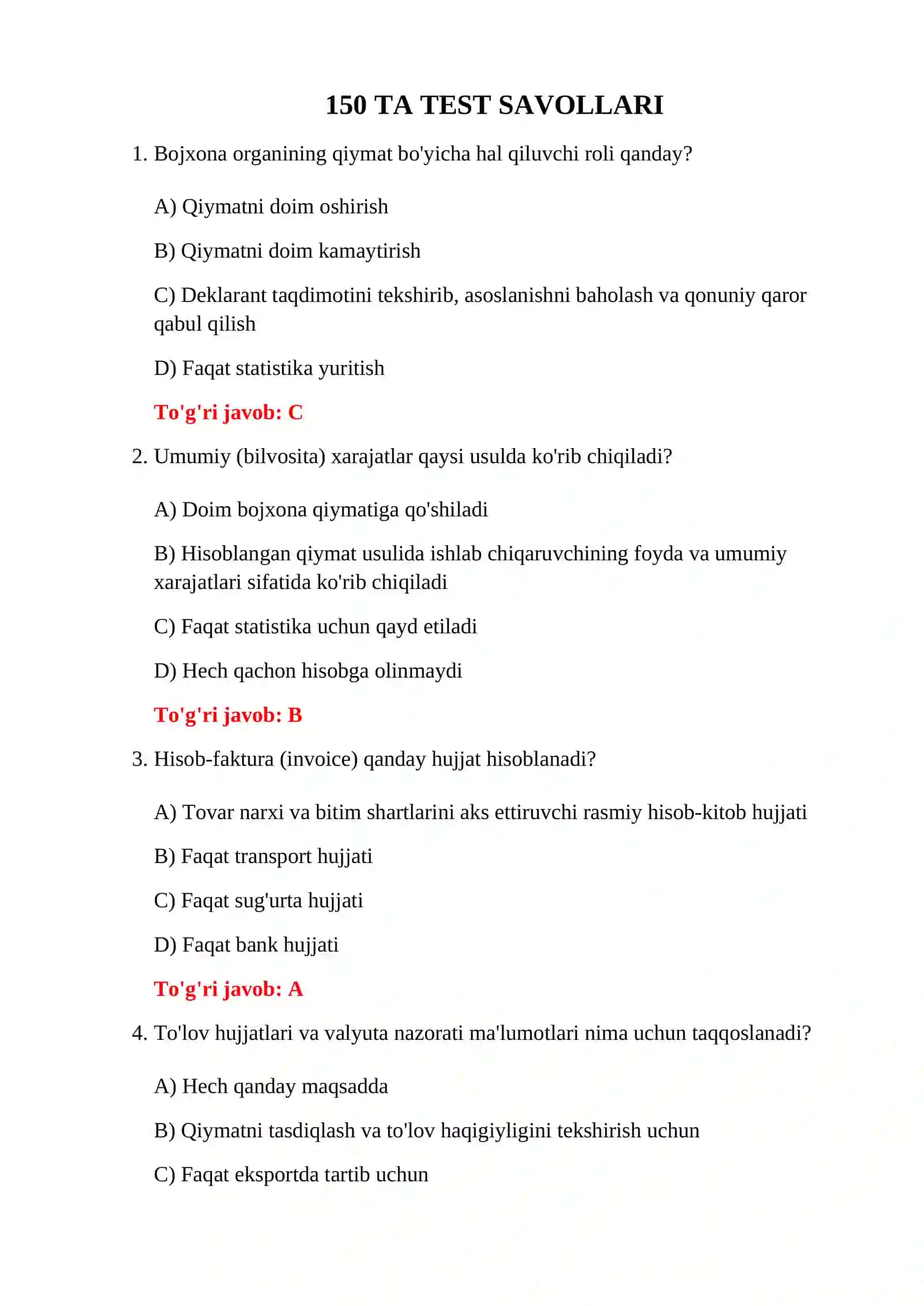 BOJXONA TO'LIQ TESTLAR 3