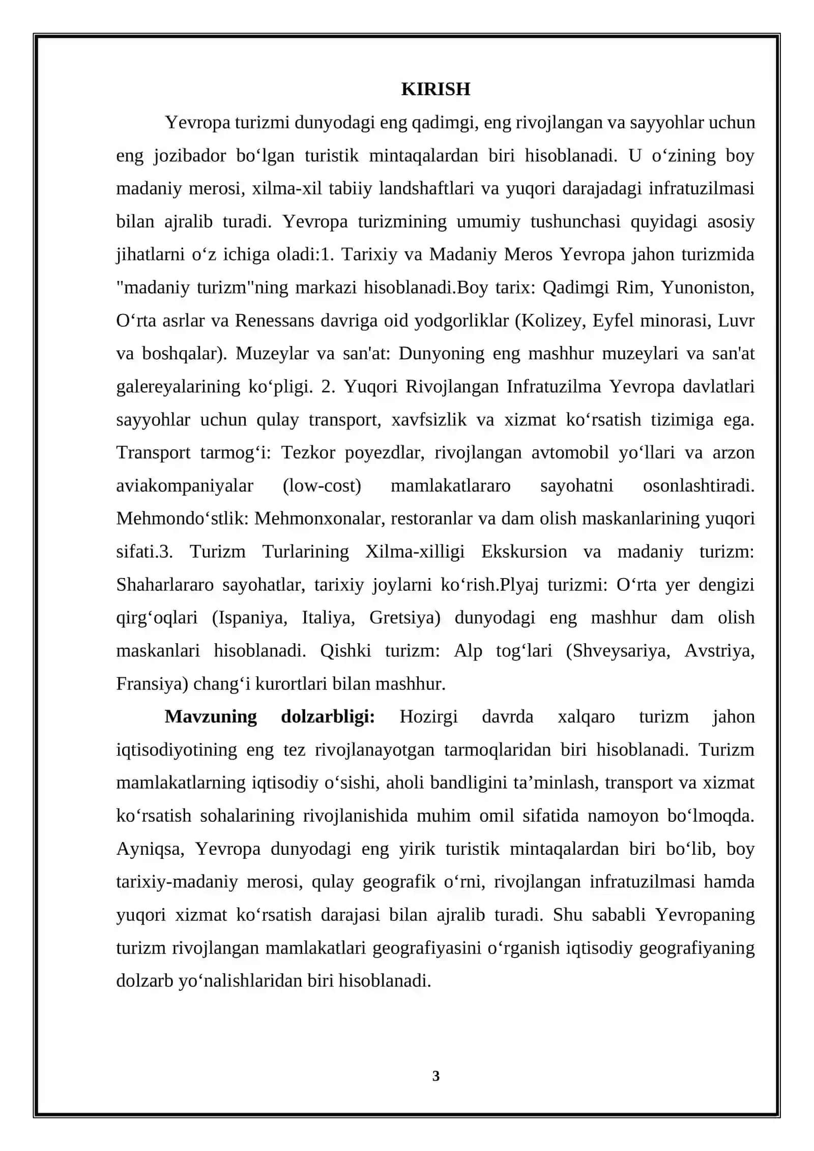 KURS ISHI: Yevropaning turizm rivojlangan mamlakatlari geografiyasi 3