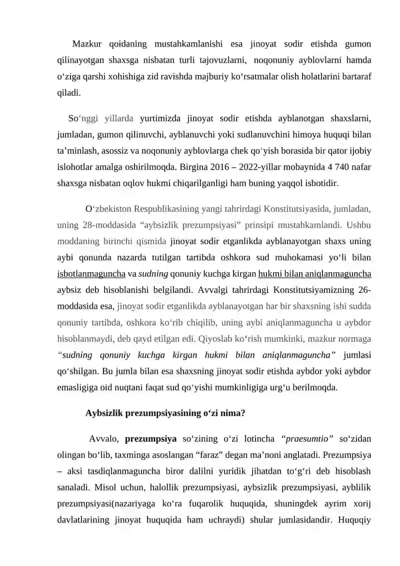 O'ZBEKISTON RESPUBLIKASI KONSTITUTSIYASIDA AYBSIZLIK PREZUMSIYASI 3