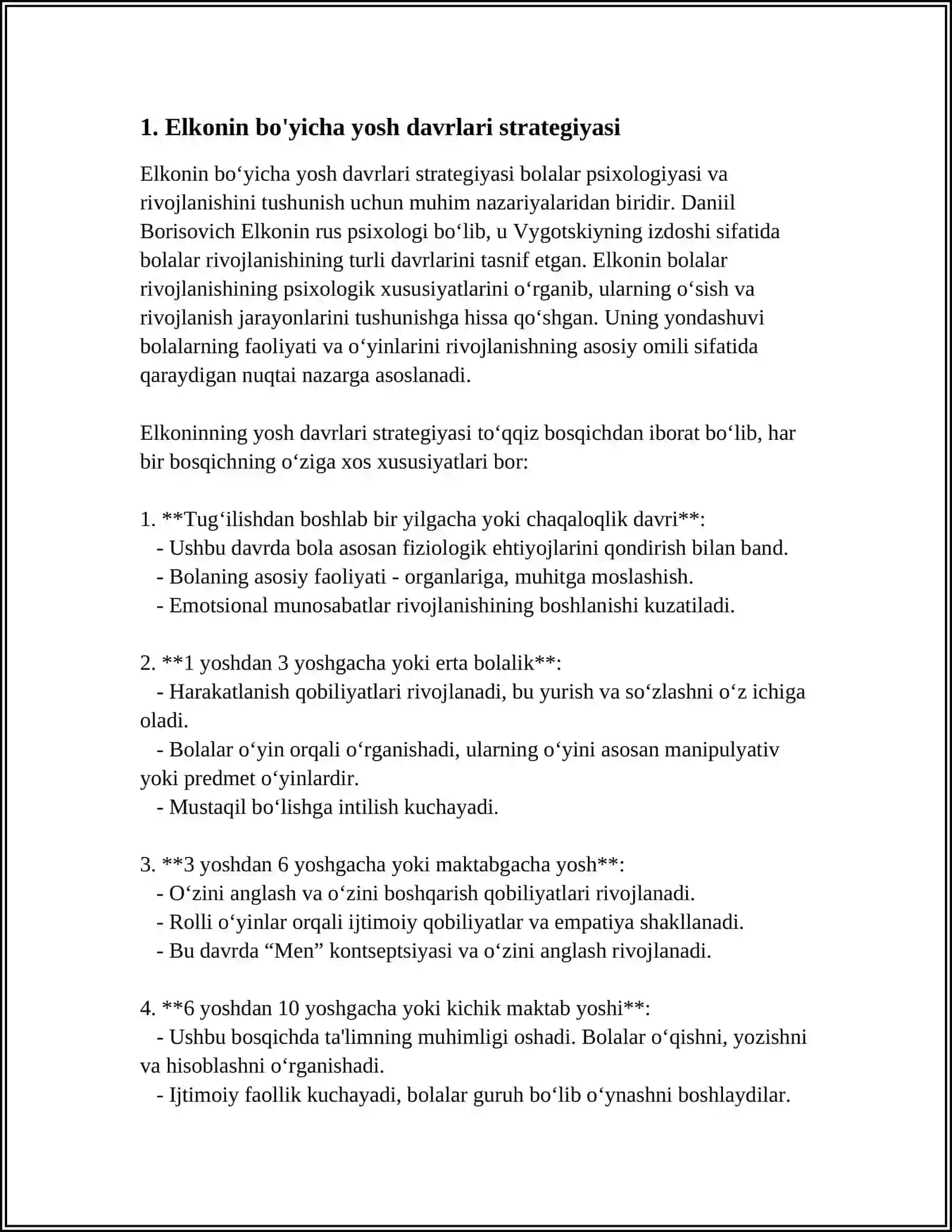 ELKONIN BOʻYICHA YOSH DAVRLARI. YOSH DAVRLARIDAGI INQIROZLAR. GOʻDAK VA MULOQOT. CHAQOLOQLIK DAVRIDA HIS- TUYGʻUNING OʻSISHI 3