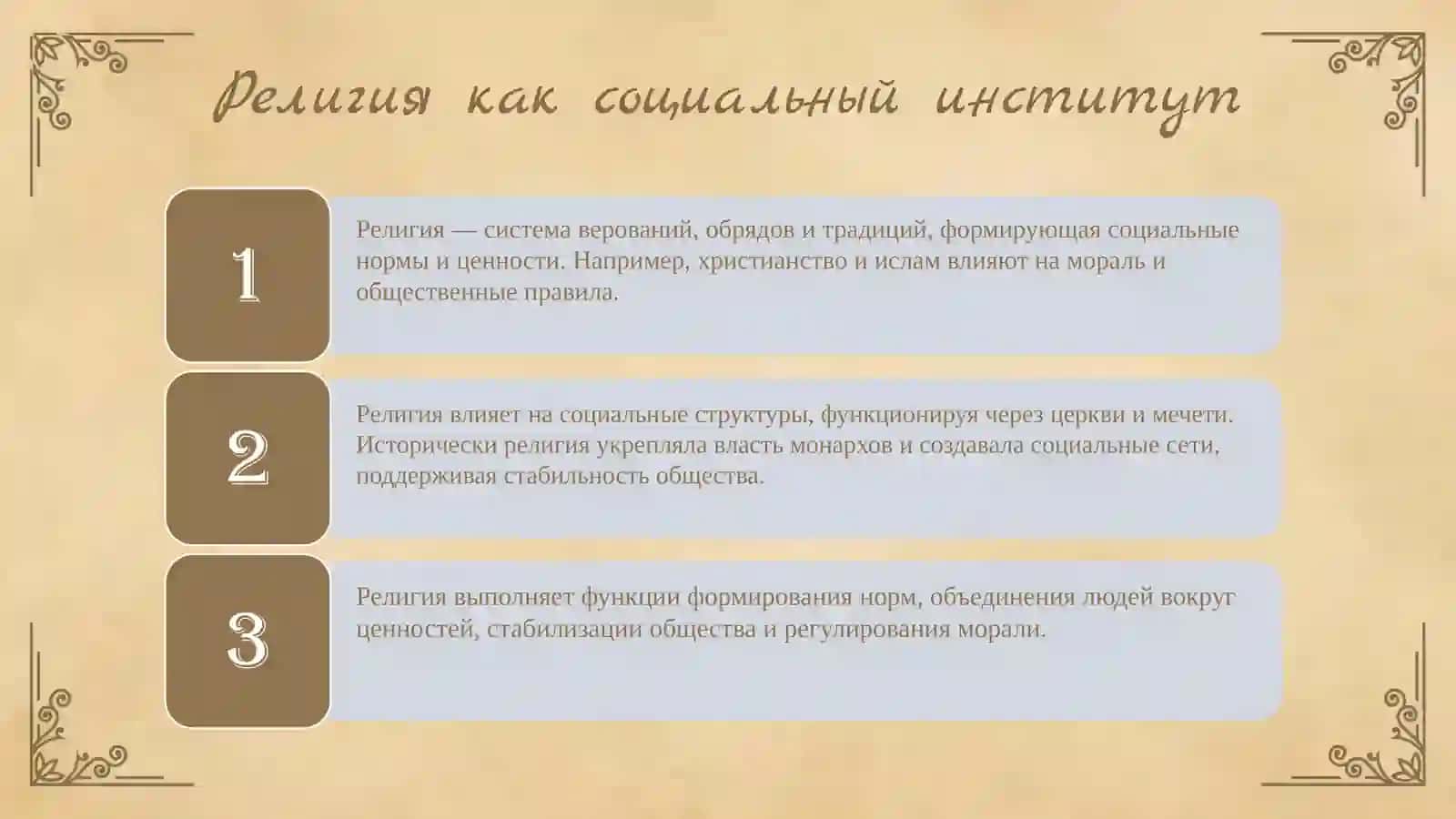 Функции религии в обществе мировоззренческая, регулятивная,  коммуникативная и компенсаторная 3