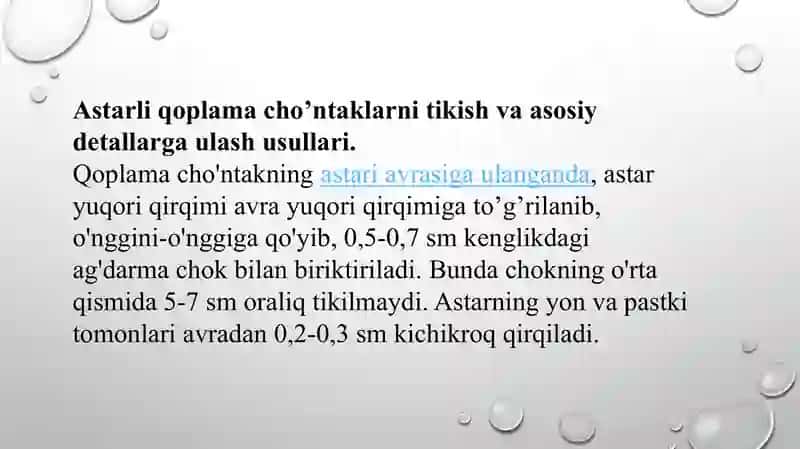 Astar gazlamadan listochka qo’yilgan cho’ntakka ishlov berish. 3