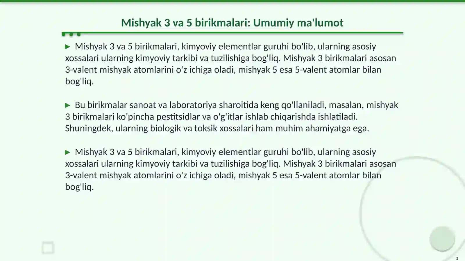 Mishyak 3 va 5 birikmalari va ularning xossalari 3
