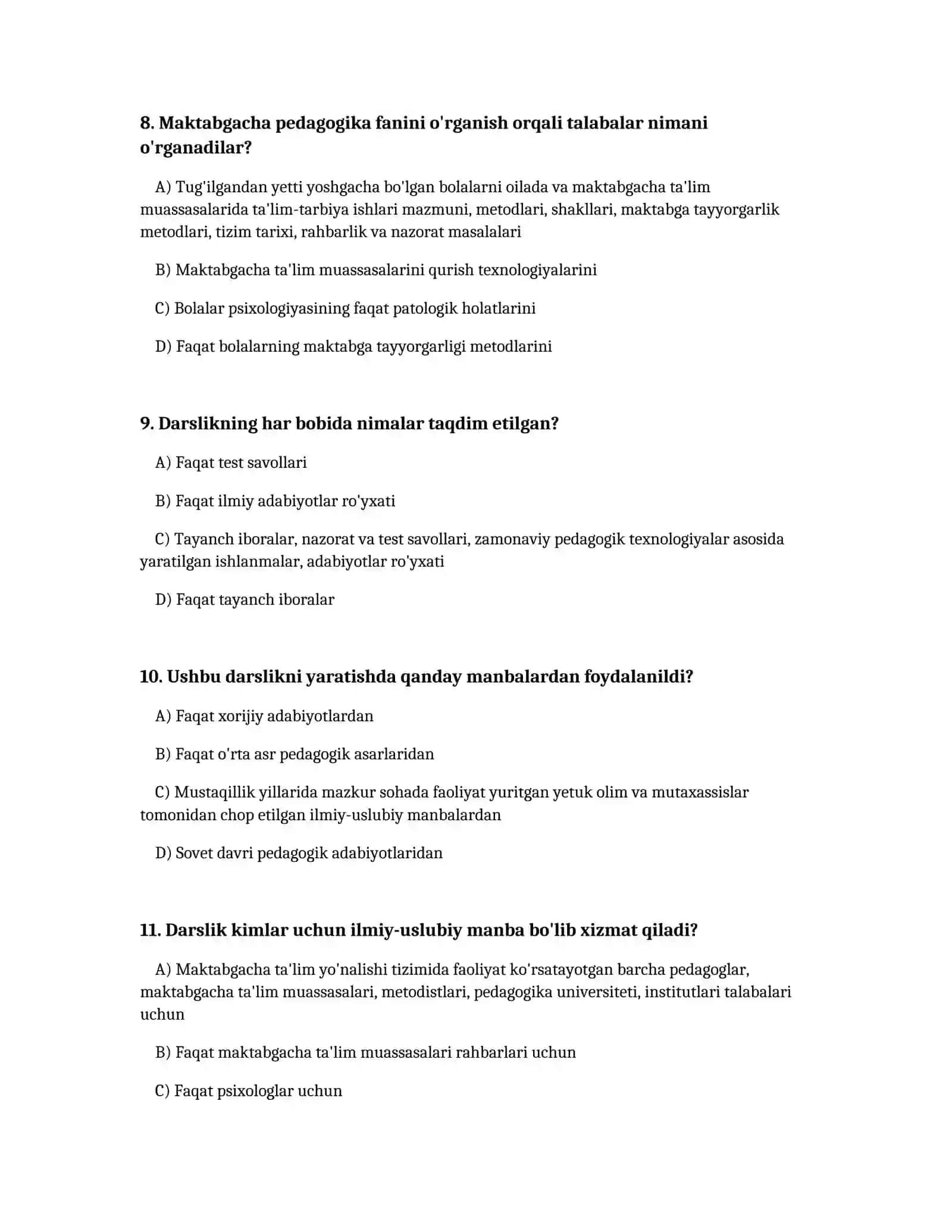 Maktabgacha pedagogika fanidan test 3
