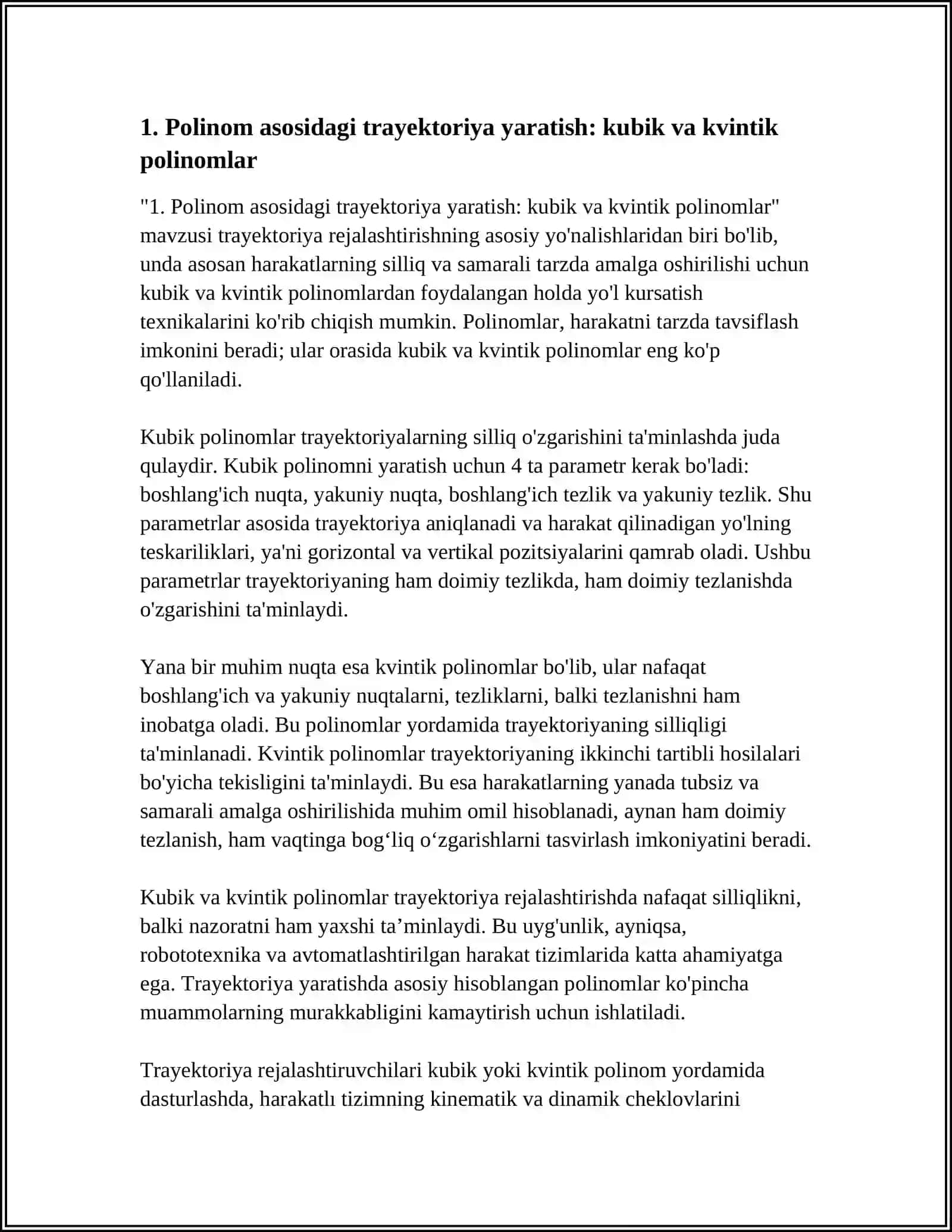 TRAYEKTORIYA REJALASHTIRISH: POLINOMLAR, SPLAYNLAR VA VAQTNI OPTIMALLASHTIRISH 3