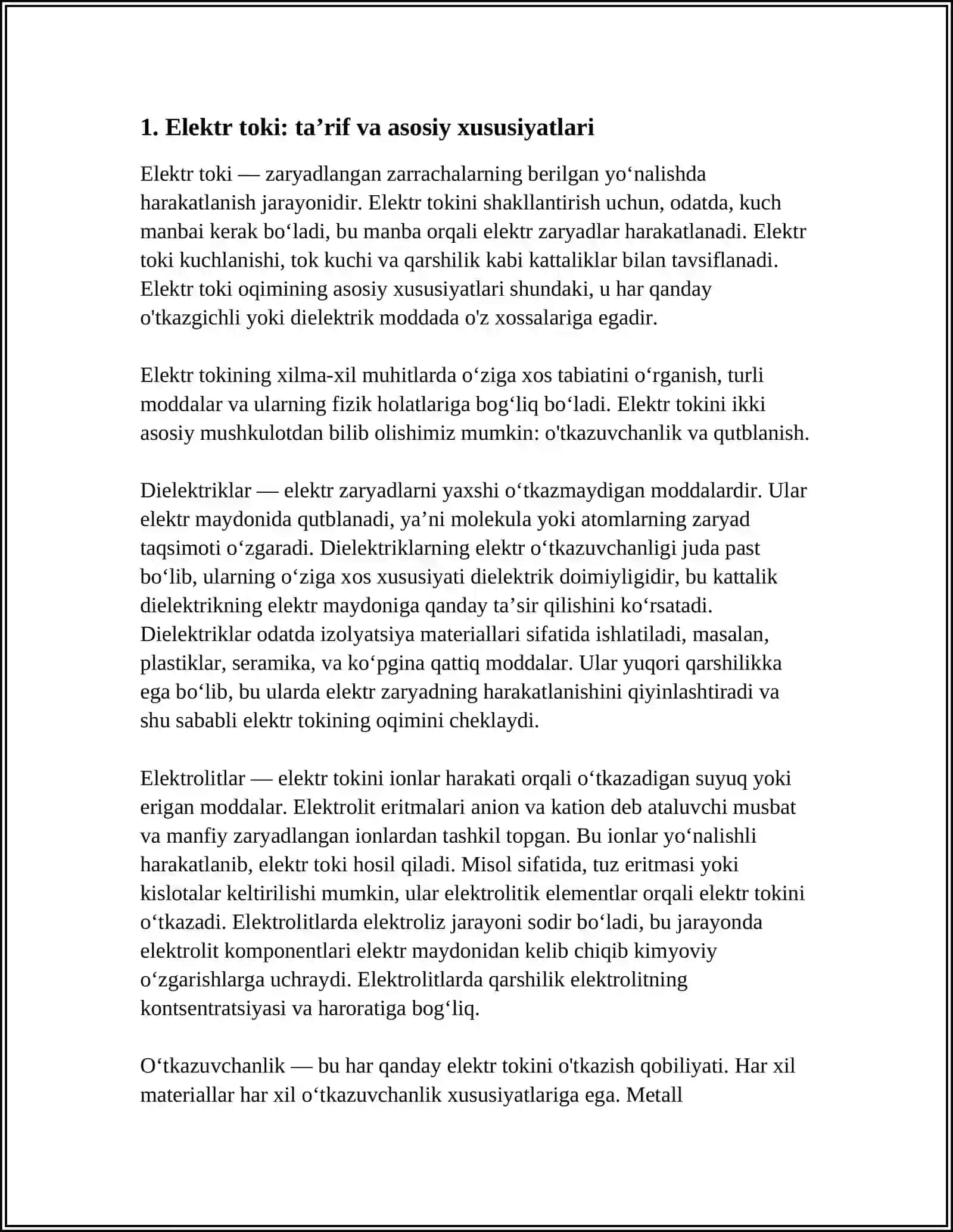 ELEKTR TOKINING TURLI MUHITDAGI TABIATI. DIELEKTRIKLAR.ELEKTROLITLAR.ELEKTR OTKAZUVCHANLIK 3