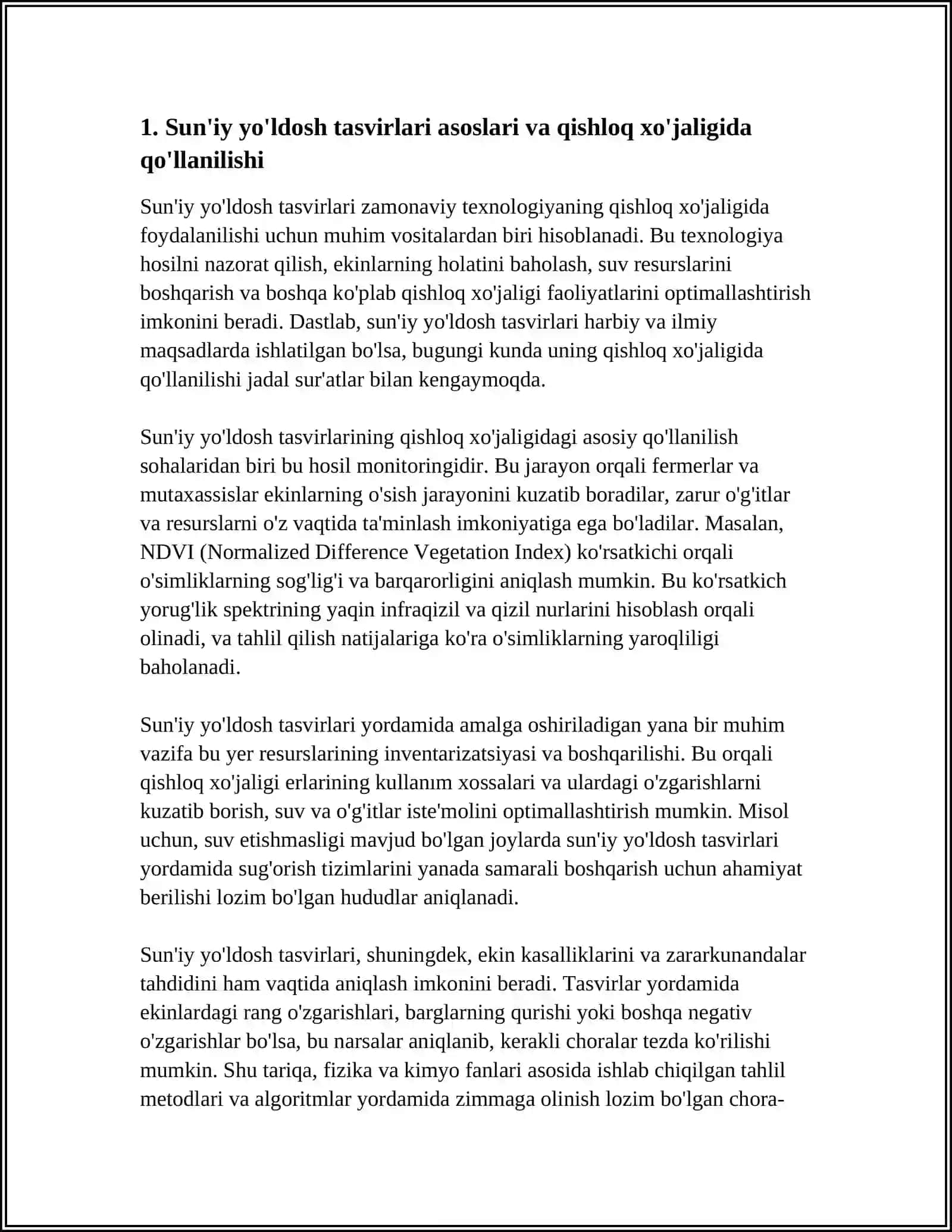 SUN'IY YOʻLDOSH TASVIRLARI YORDAMIDA QISHLOQ HO`JALIGI YERLARINI MONITORING QILISH 3