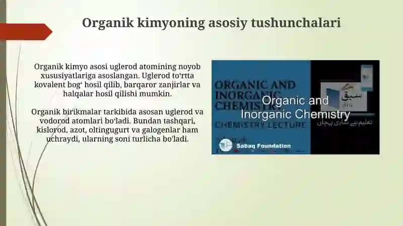 Organik kimyo asoslari. Organik birikmalarning asosiy sinflari. OBT nazariyasi 3