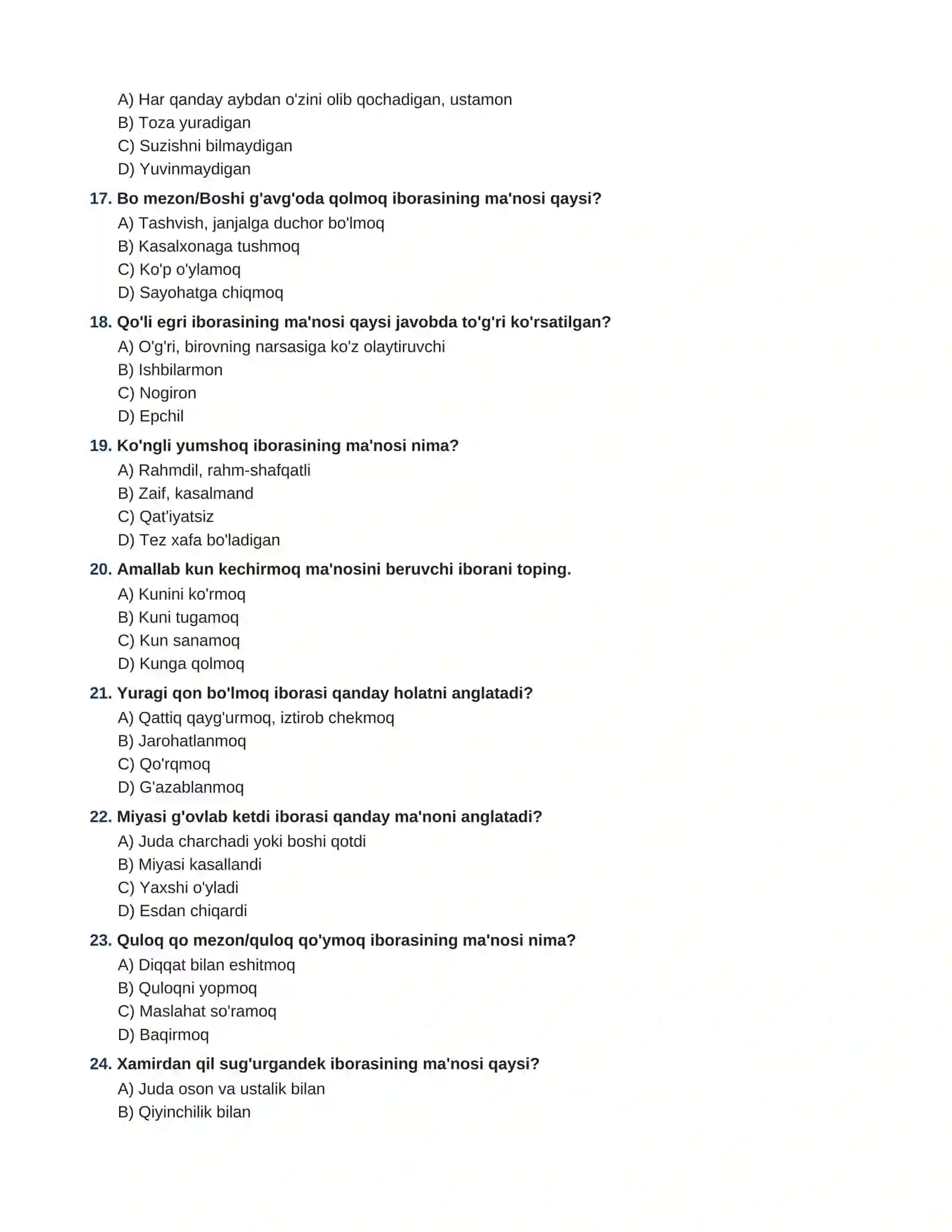 ONA TILI VA ADABIYOT  IBORALAR (FRAZEOLOGIZMLAR) VA ULARNING MA'NO XUSUSIYATLARI BMBA / DTM STANDARTIDAGI 100 TA TEST- JAVAOBLARI BILAN 3
